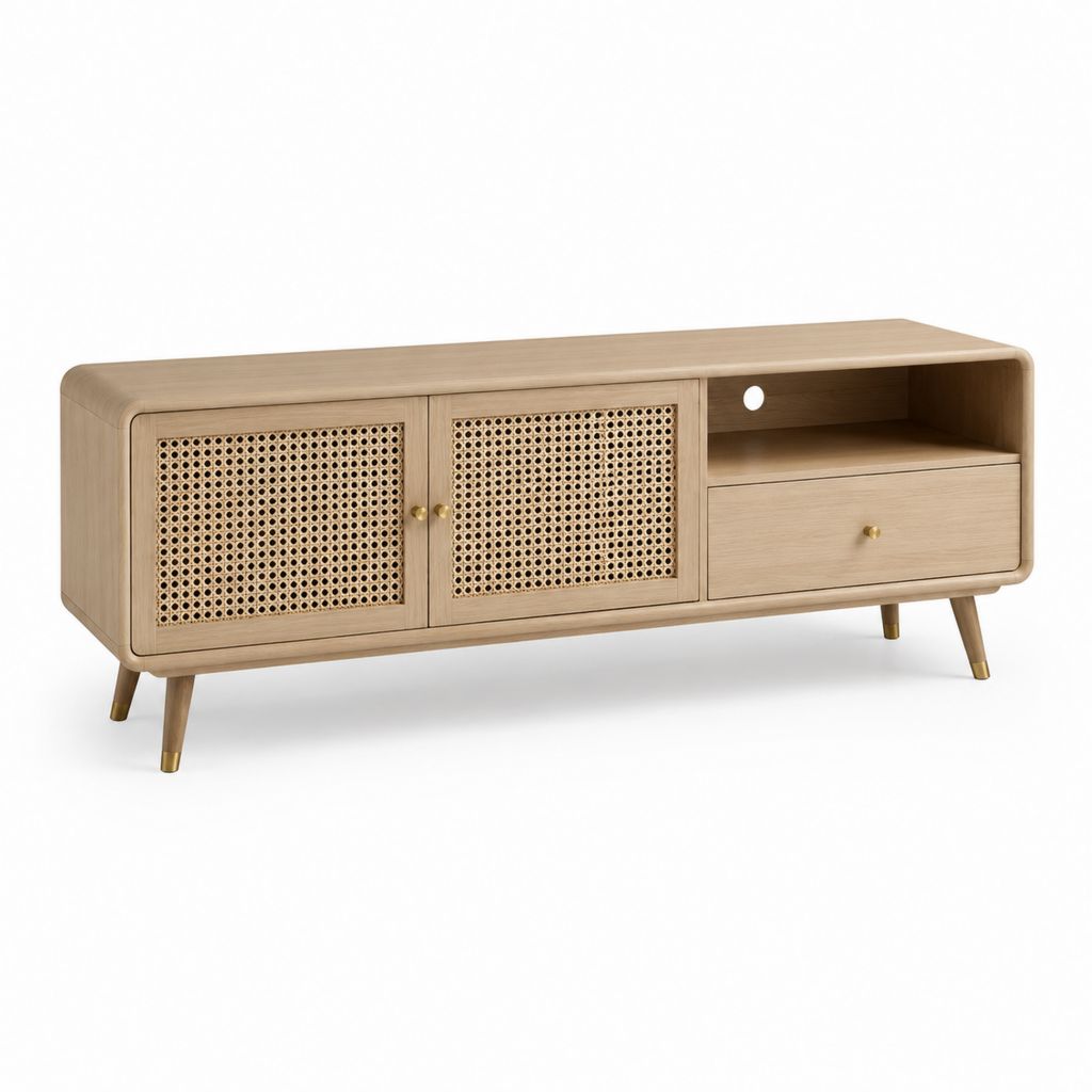 Mobile TV rettangolare rovere chiaro e rattan naturale 160 x 40 x 70 cm