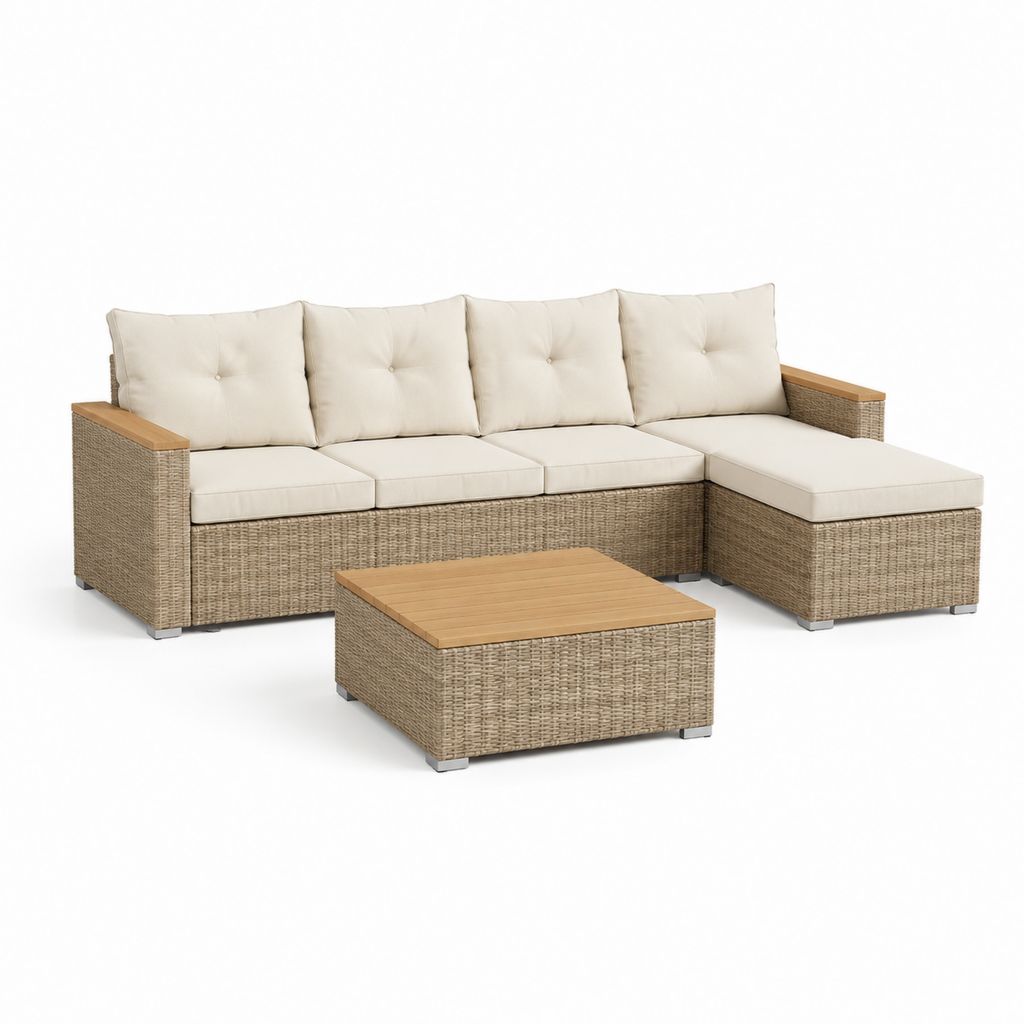 Set divano da giardino angolare 4 posti beige in rattan PE e alluminio con tavolino 250 x 150 cm