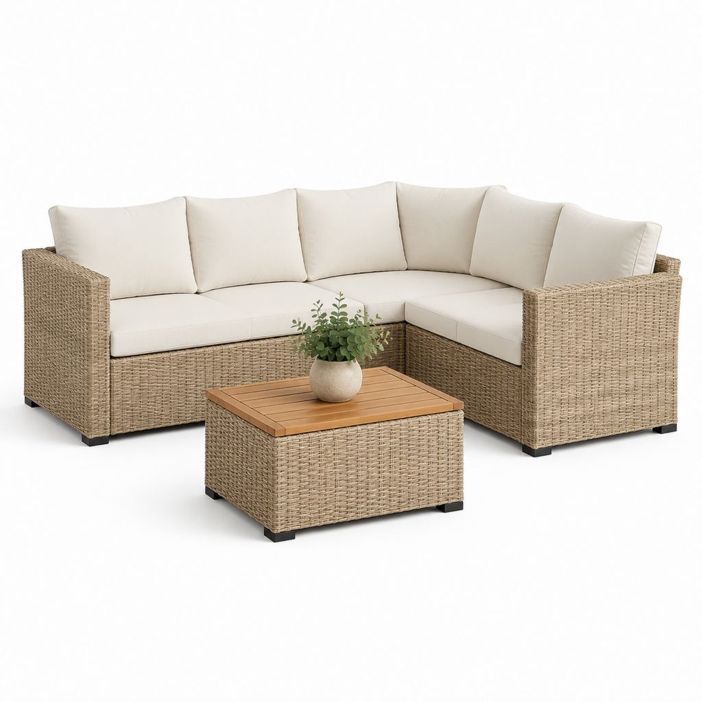 Set divano angolare da giardino con tavolino beige in rattan PE e acciaio 220 x 170 x 78 cm