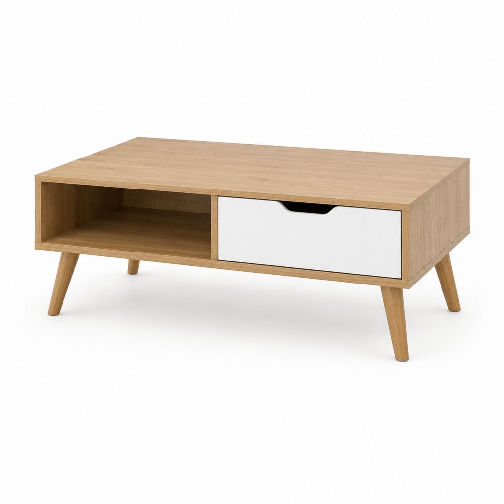 Tavolino da caffè rettangolare rovere chiaro e bianco in pannello truciolare 100 x 50 x 45 cm con cassetto e vano aperto