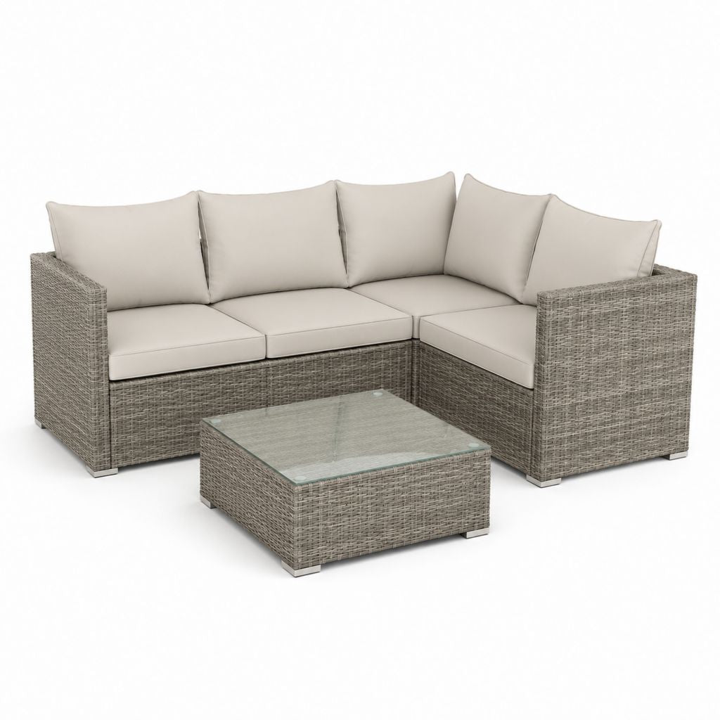 Set divani da giardino angolare 3 posti grigio in rattan PE con tavolino 200 x 200 x 65 cm