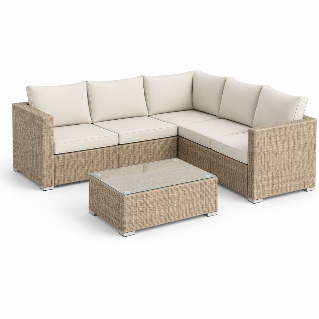 Set divano da giardino angolare beige in rattan PE con tavolino 220 x 220 x 65 cm
