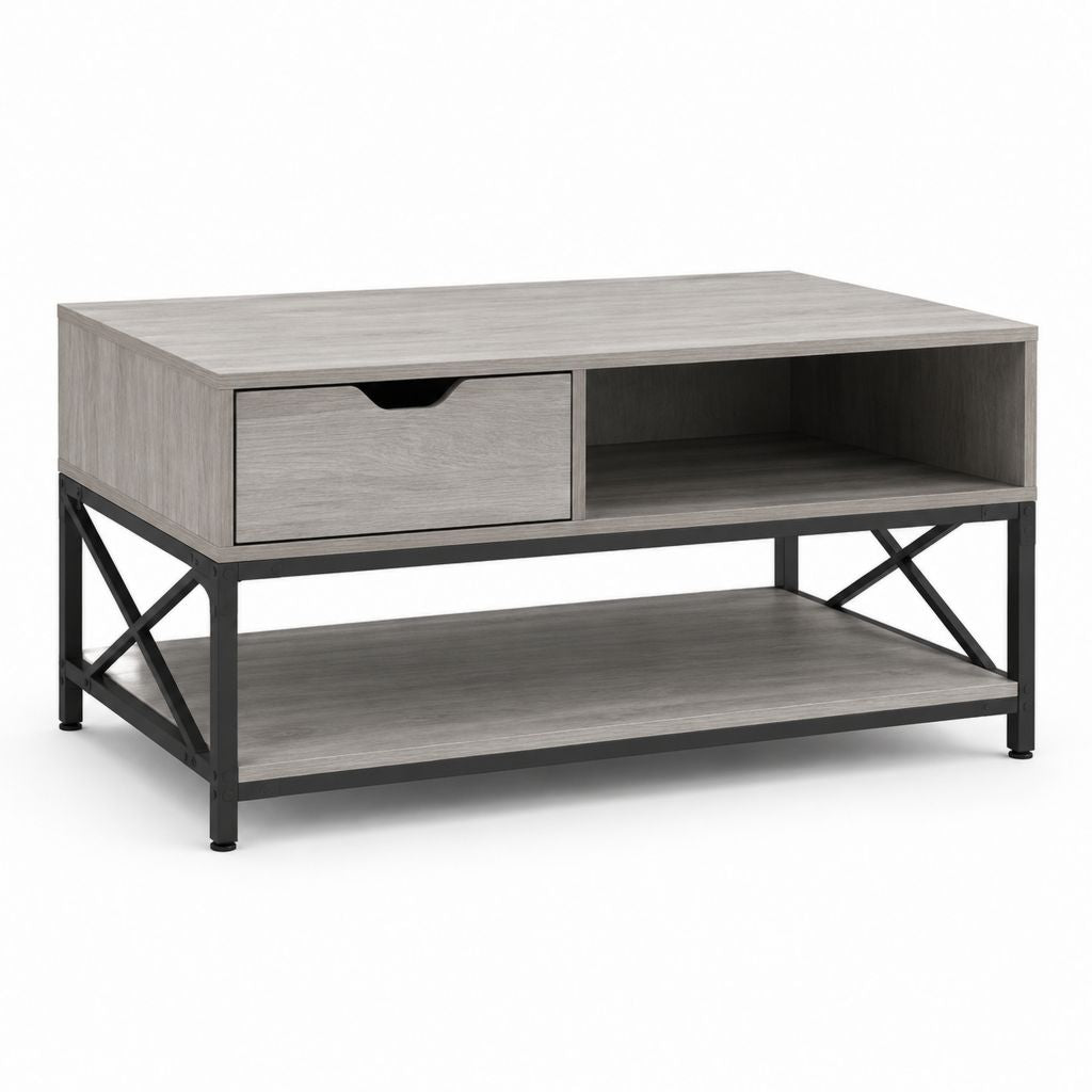 Tavolino da caffè rettangolare grigio e nero in MDF e acciaio 100 x 50 x 50 cm con cassetto e ripiano