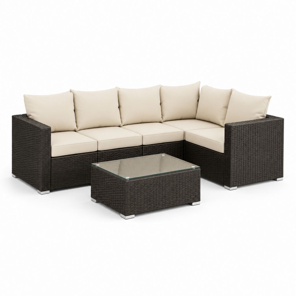 Set divano da giardino angolare 5 posti marrone scuro in rattan PE con cuscini beige e tavolino 250 x 200 x 63 cm