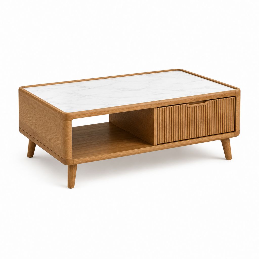Tavolino da caffè rettangolare rovere e effetto marmo con cassetto 100 x 60 x 45 cm