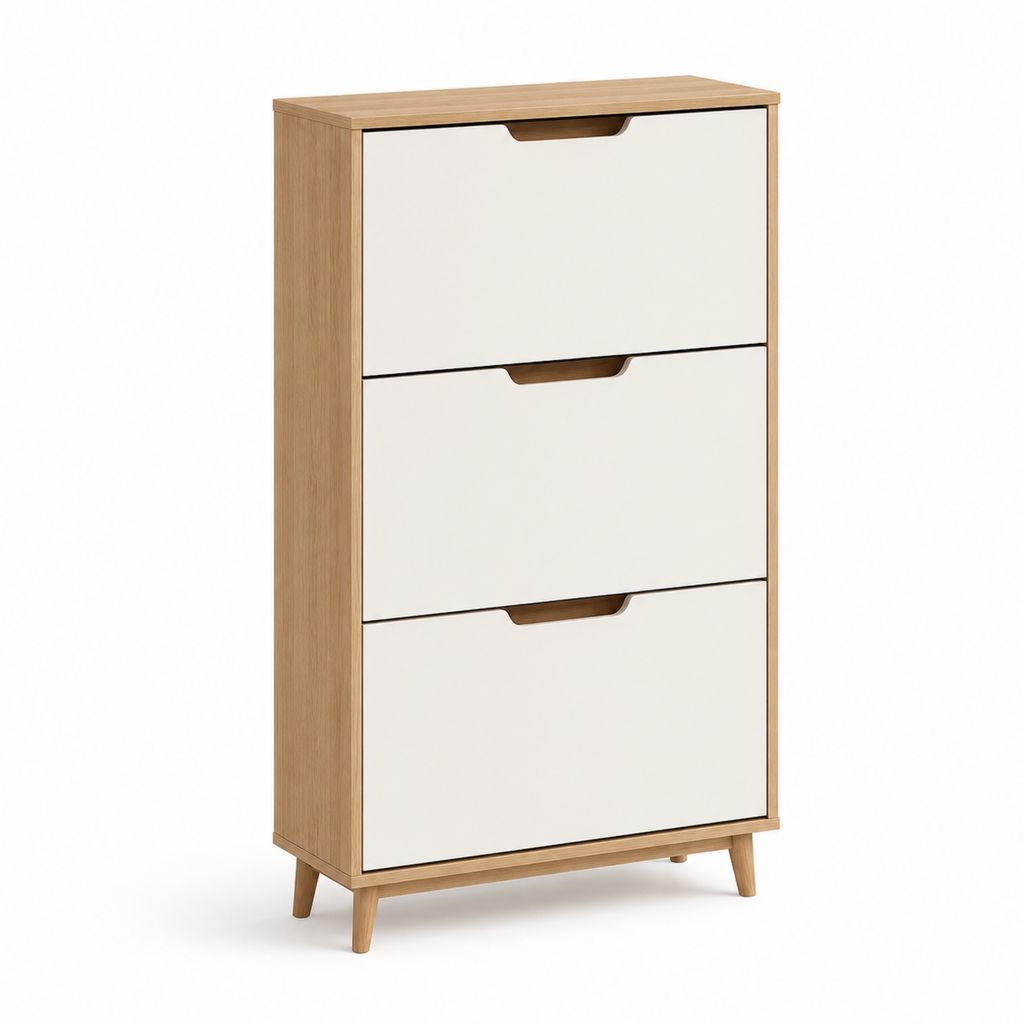 Scarpiera salvaspazio a 3 ante a ribalta bianco e rovere in pannelli truciolari 60 x 24 x 120 cm