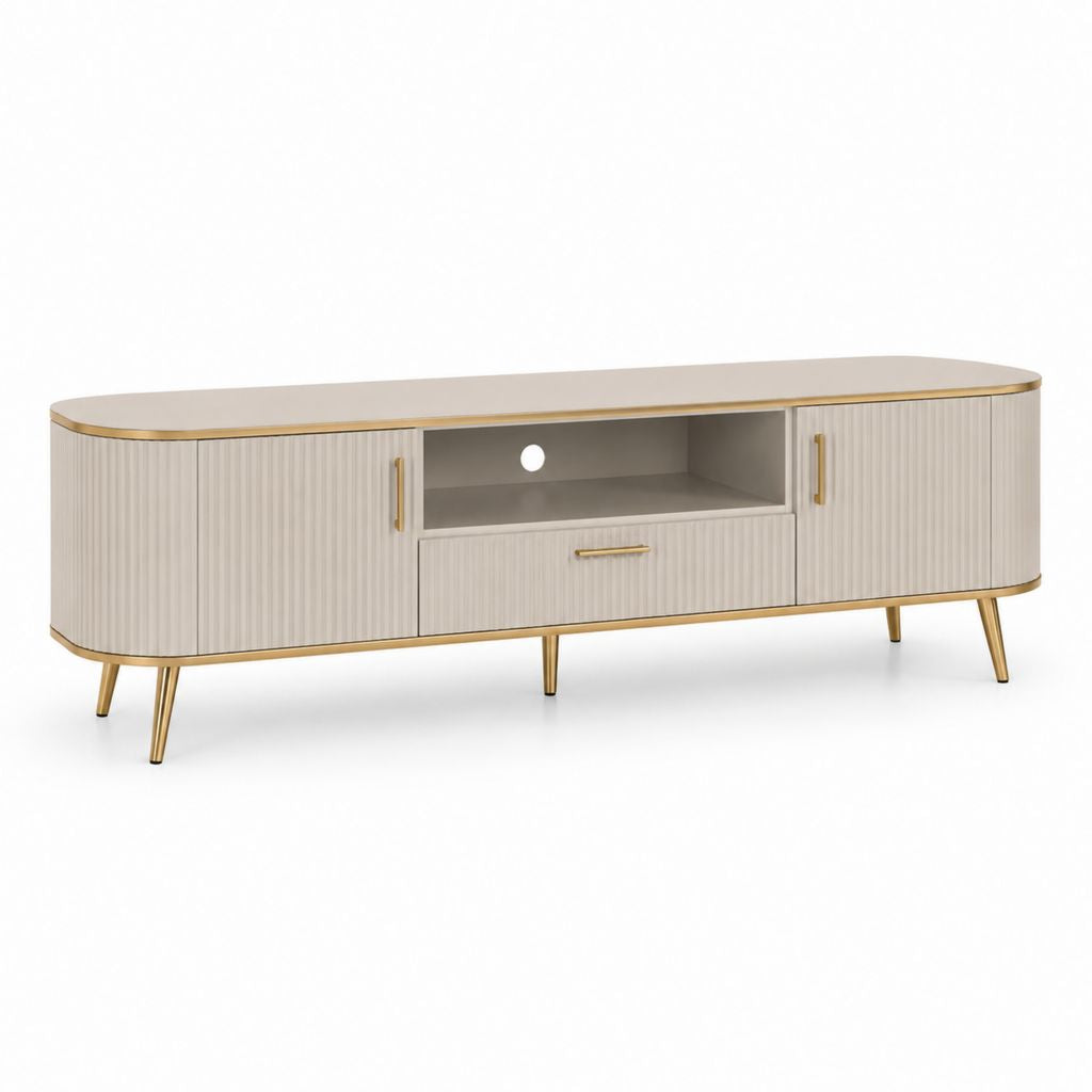 Mobile TV basso beige in MDF laminato con bordi arrotondati 180 x 40 x 60 cm