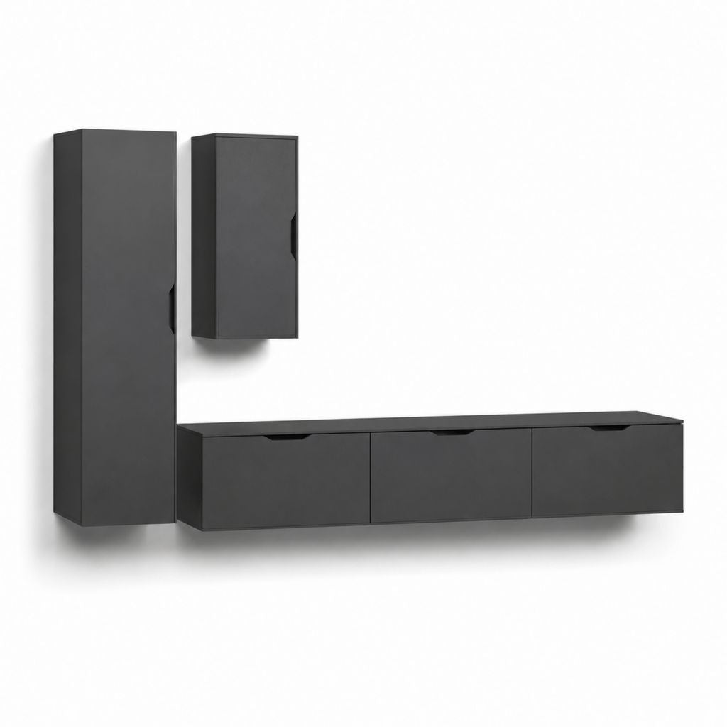 Parete attrezzata TV sospesa 3 pezzi grigio antracite in truciolare melaminico con mobile basso 180 x 40 x 30 cm colonna 30 x 30 x 180 cm pensile 30 x 30 x 90 cm