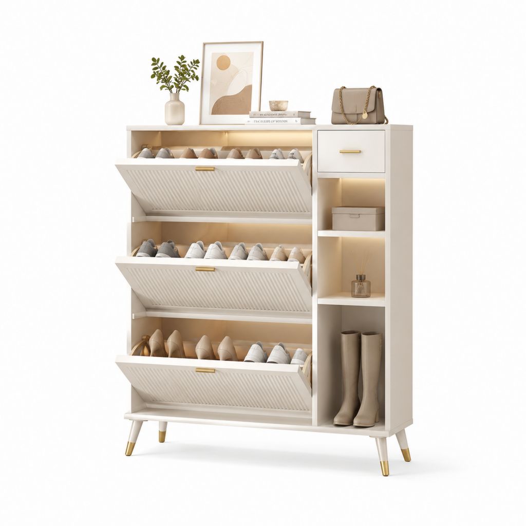 Scarpiera da ingresso bianca in MDF 120 x 35 x 120 cm con 3 ante a ribalta e vano laterale