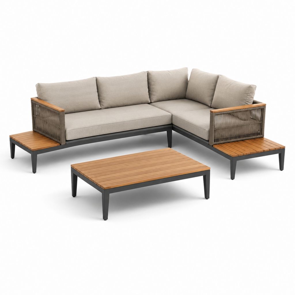 Divano da giardino angolare 3 posti con tavolino grigio tortora in alluminio acacia e corda sintetica 250 x 250 x 78 cm 110 x 60 x 38 cm