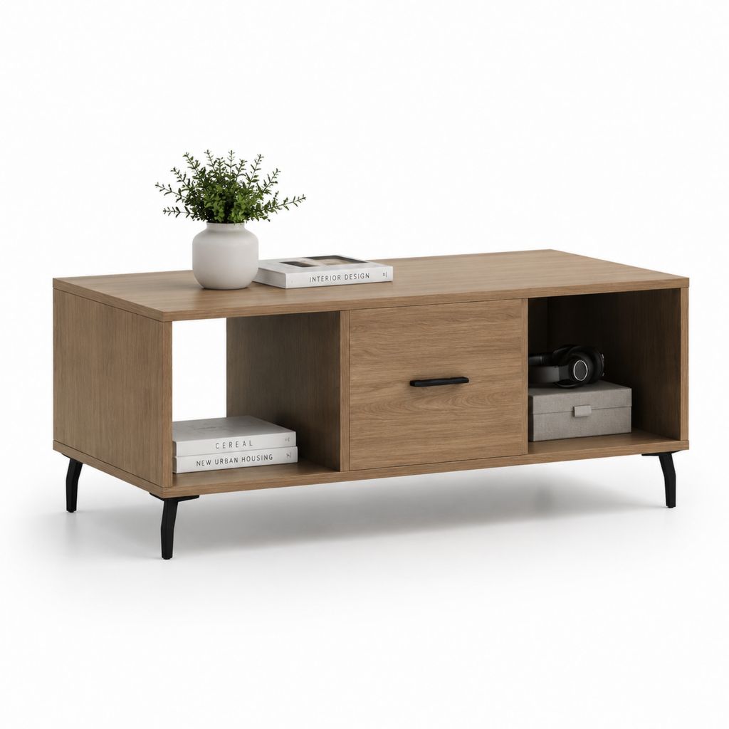 Tavolino da caffè con vano e cassetto marrone effetto rovere in pannello truciolare 120 x 40 x 50 cm