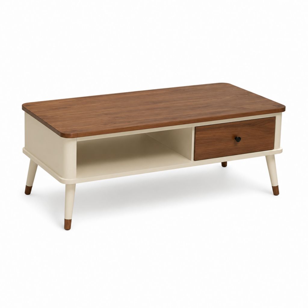 Tavolino da caffè rettangolare noce e crema in MDF 100 x 50 x 45 cm con cassetto e vano aperto