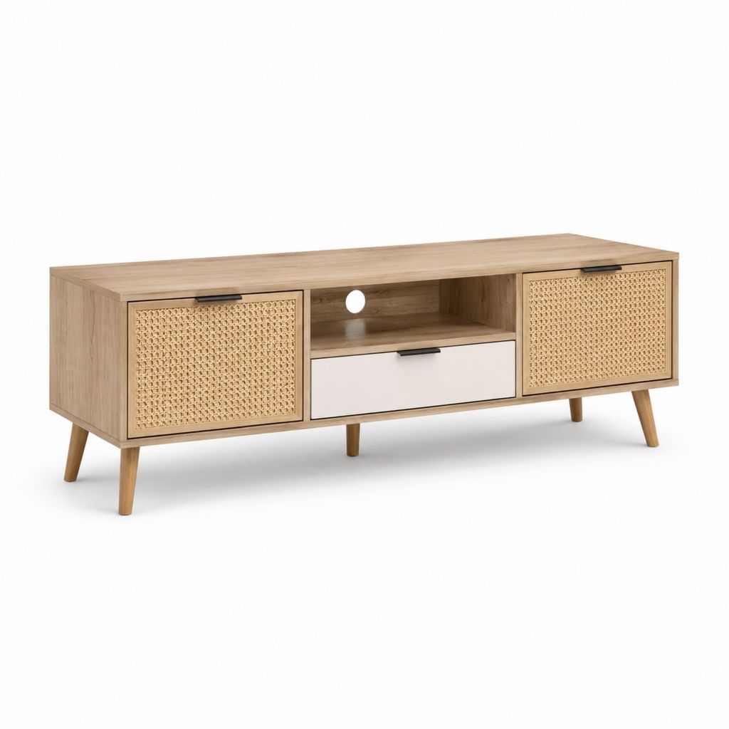 Mobile TV con 2 ante e cassetto rovere chiaro e bianco con inserti in rattan 160 x 40 x 55 cm