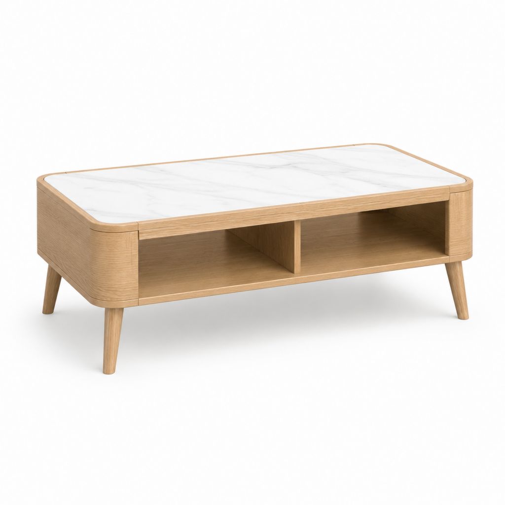 Tavolino da caffè rettangolare bianco e rovere in MDF e pannello effetto marmo 100 x 50 x 45 cm