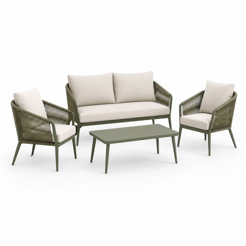 Set salotto da giardino 4 pezzi verde oliva e beige in alluminio e corda sintetica con divano 2 posti 128 x 75 x 78 cm