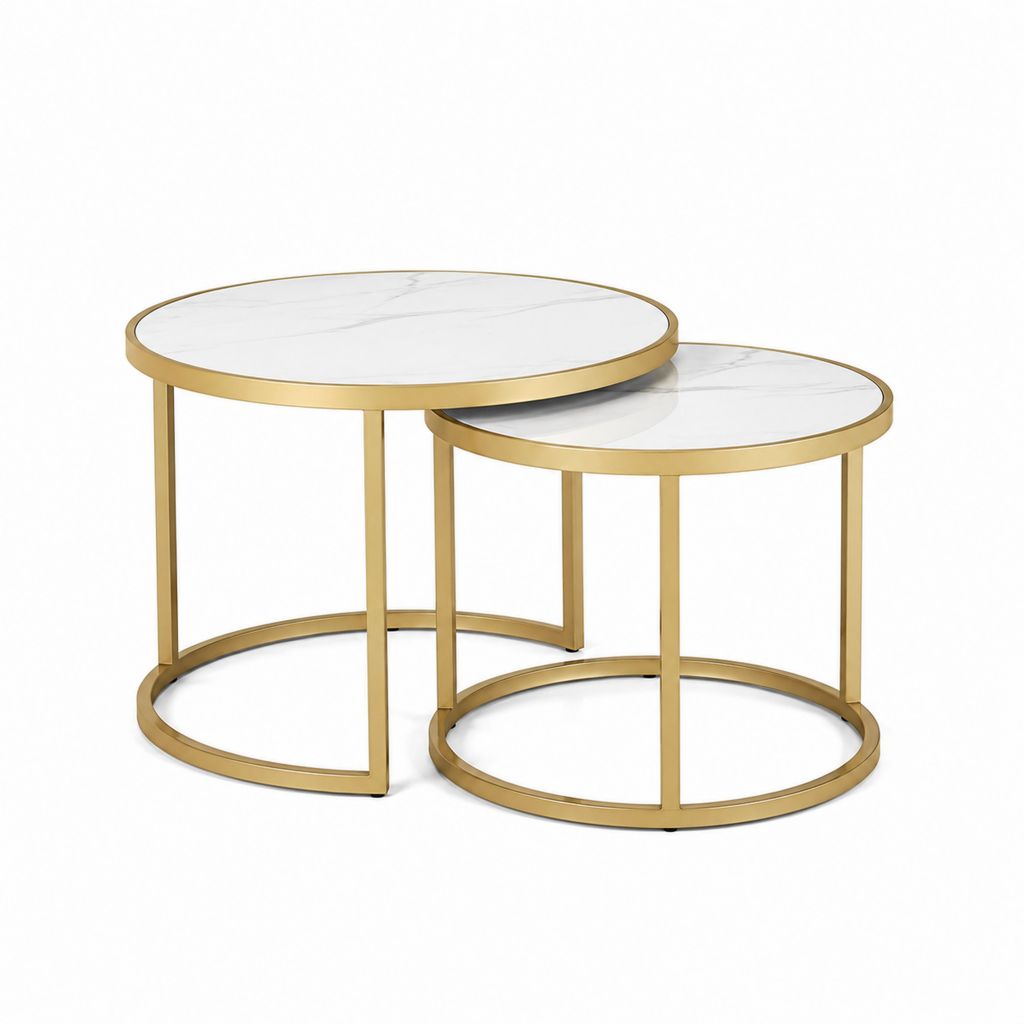 Set 2 tavolini da caffè rotondi bianco effetto marmo e oro in vetro temperato e acciaio inox 80 x 45 cm e 60 x 40 cm
