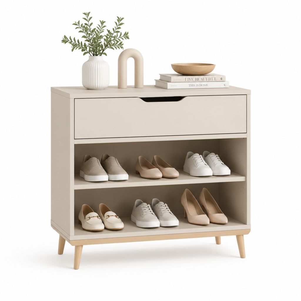 Scarpiera da ingresso beige in truciolare con cassetto e 2 ripiani 80 x 30 x 90 cm