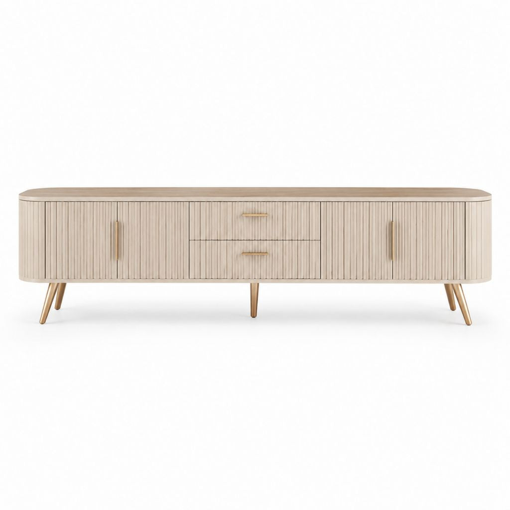 Mobile TV basso beige in MDF impiallacciato con ante scanalate 180 x 40 x 55 cm