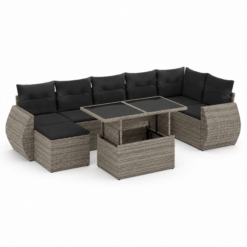 Set divani da giardino 3 pezzi grigio e nero in rattan PE con tavolo rettangolare regolabile 270 x 140 cm