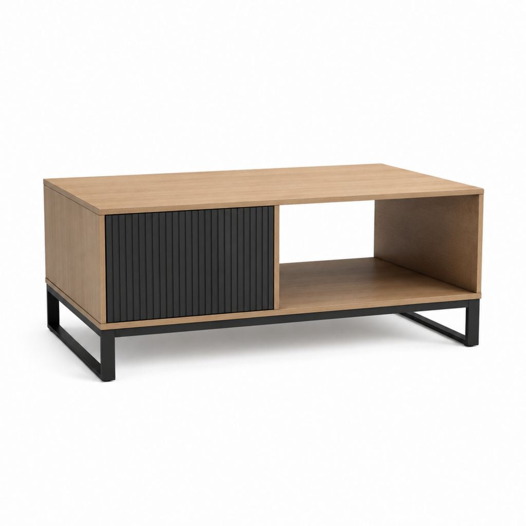 Tavolino da caffè con vano contenitore rovere e nero in MDF e acciaio rettangolare 100 x 50 x 45 cm